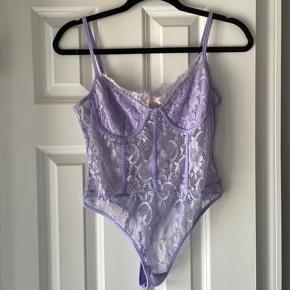 Pastel purple all over lace body suit with adjustable spaghetti straps